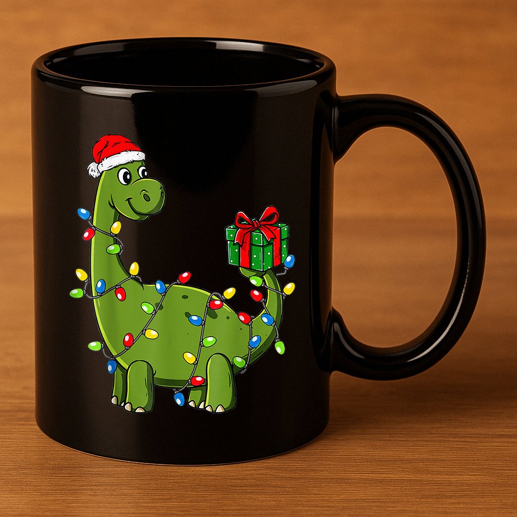 Merry Christmas Dinosaur With Santa Hat 11oz C Handle Ceramic Mug