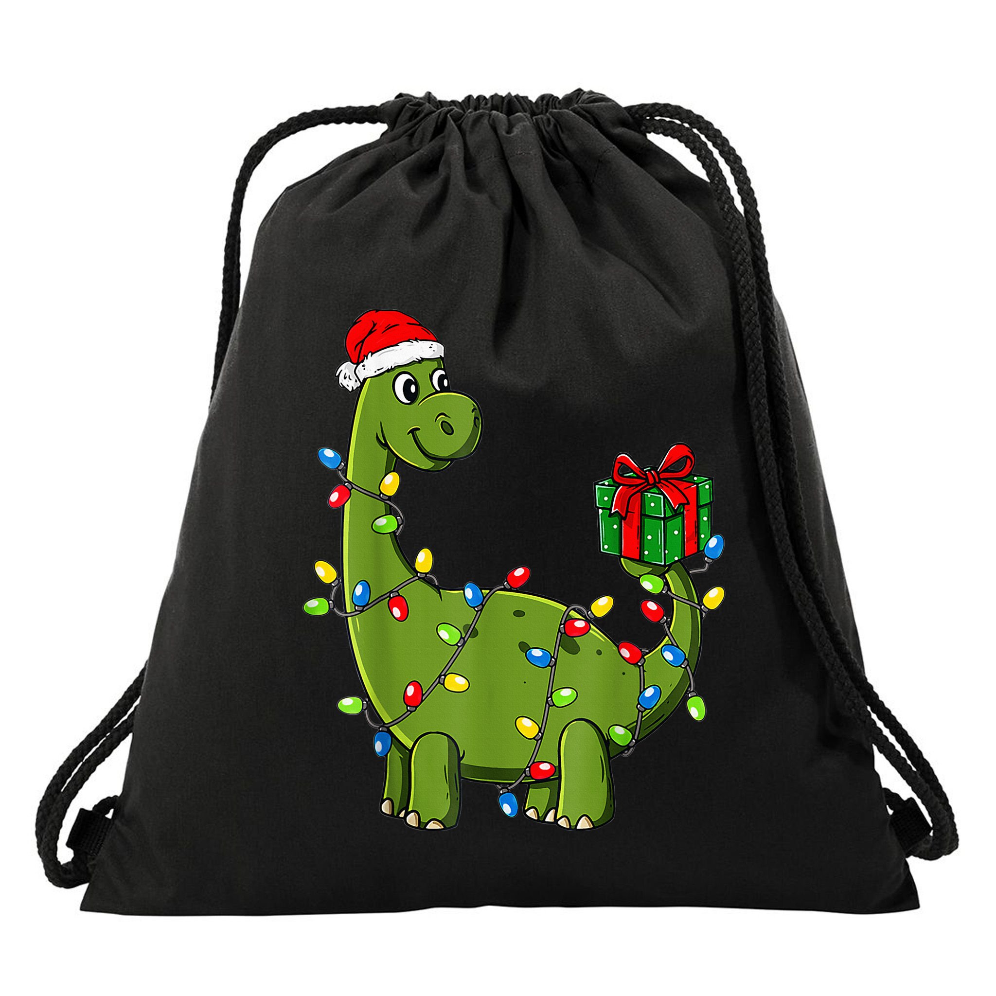 Merry Christmas Dinosaur With Santa Hat Drawstring Bag