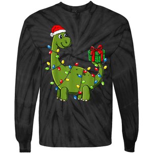 Merry Christmas Dinosaur With Santa Hat Tie-Dye Long Sleeve Shirt