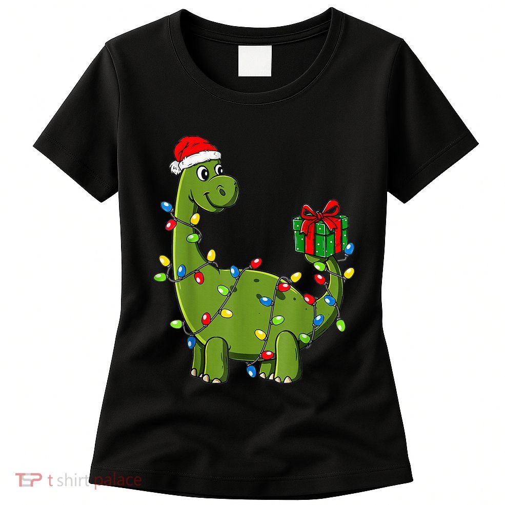 Merry Christmas Dinosaur With Santa Hat Womens T-Shirt