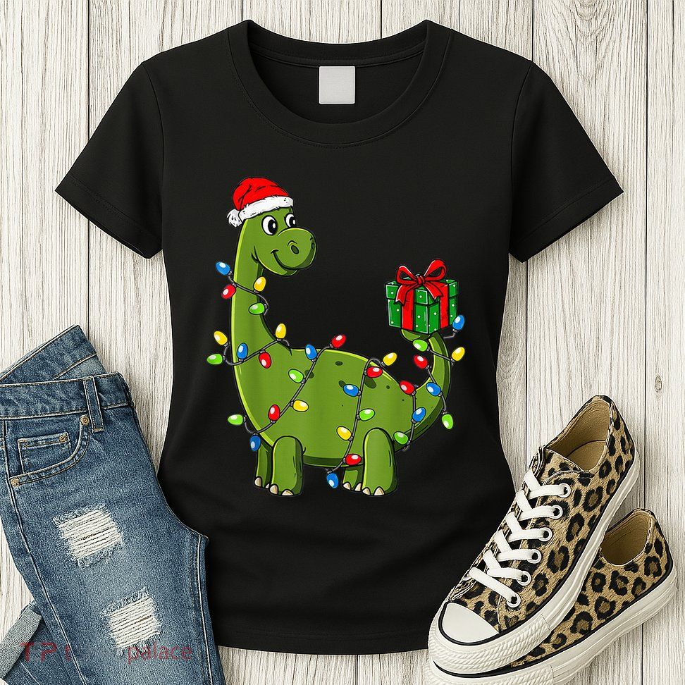 Merry Christmas Dinosaur With Santa Hat Womens T-Shirt