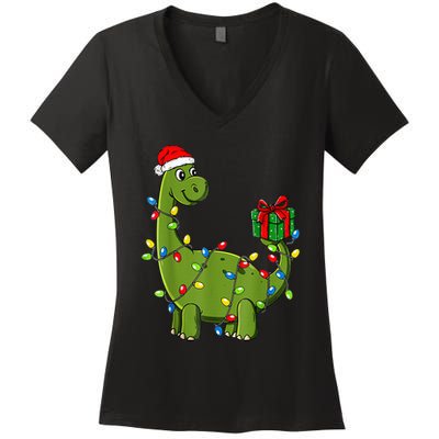 Merry Christmas Dinosaur With Santa Hat Women's V-Neck T-Shirt