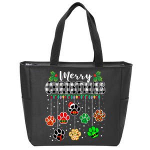 Merry Christmas Dog Paw Print Buffalo Plaid White Ugly Xmas Zip Tote Bag