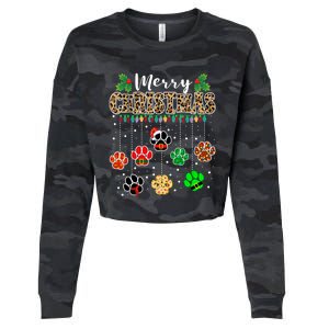 Merry Christmas Dog Paw Print Leopard Funny Xmas Light Gifts Cropped Pullover Crew