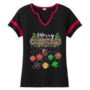 Merry Christmas Dog Paw Print Leopard Funny Xmas Light Gifts Ladies Halftime Notch Neck Tee