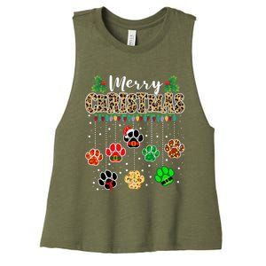 Merry Christmas Dog Paw Print Leopard Funny Xmas Light Gifts Women's Racerback Cropped Tank