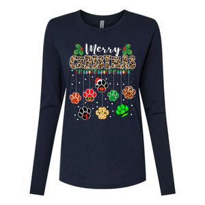 Merry Christmas Dog Paw Print Leopard Funny Xmas Light Gifts Womens Cotton Relaxed Long Sleeve T-Shirt