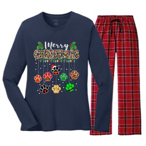 Merry Christmas Dog Paw Print Leopard Funny Xmas Light Gifts Women's Long Sleeve Flannel Pajama Set 