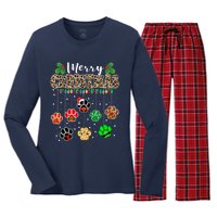 Merry Christmas Dog Paw Print Leopard Funny Xmas Light Gifts Women's Long Sleeve Flannel Pajama Set 