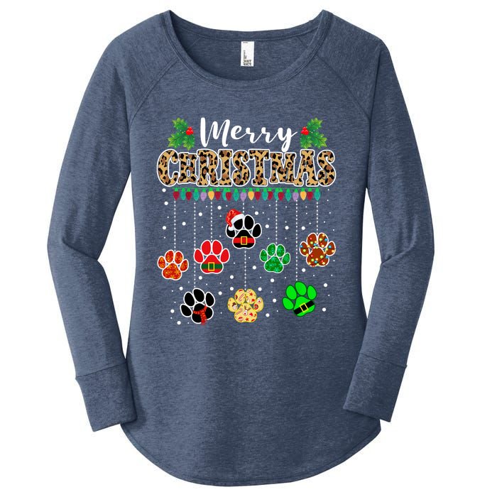 Merry Christmas Dog Paw Print Leopard Funny Xmas Light Gifts Women's Perfect Tri Tunic Long Sleeve Shirt