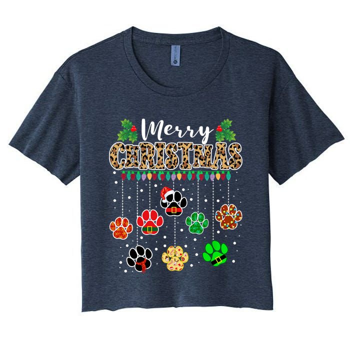 Merry Christmas Dog Paw Print Leopard Funny Xmas Light Gifts Women's Crop Top Tee