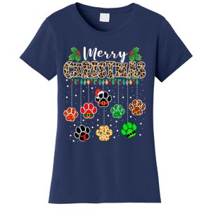 Merry Christmas Dog Paw Print Leopard Funny Xmas Light Gifts Women's T-Shirt