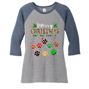 Merry Christmas Dog Paw Print Leopard Funny Xmas Light Gifts Women's Tri-Blend 3/4-Sleeve Raglan Shirt