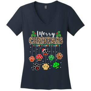 Merry Christmas Dog Paw Print Leopard Funny Xmas Light Gifts Women's V-Neck T-Shirt