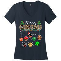 Merry Christmas Dog Paw Print Leopard Funny Xmas Light Gifts Women's V-Neck T-Shirt