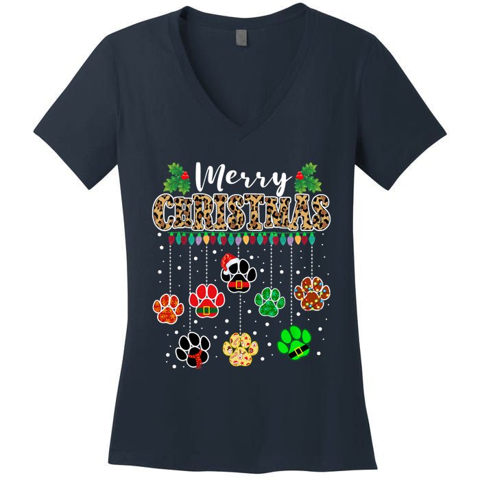 Merry Christmas Dog Paw Print Leopard Funny Xmas Light Gifts Women's V-Neck T-Shirt