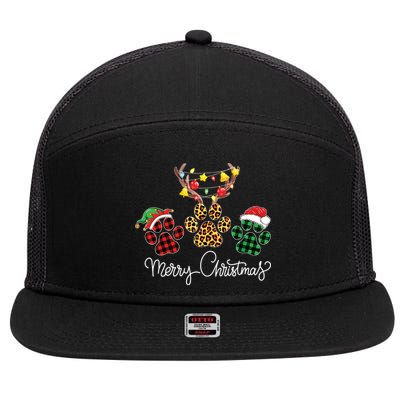 Merry Christmas Dog Paws Lights Buffalo Plaid Leopard Xmas 7 Panel Mesh Trucker Snapback Hat