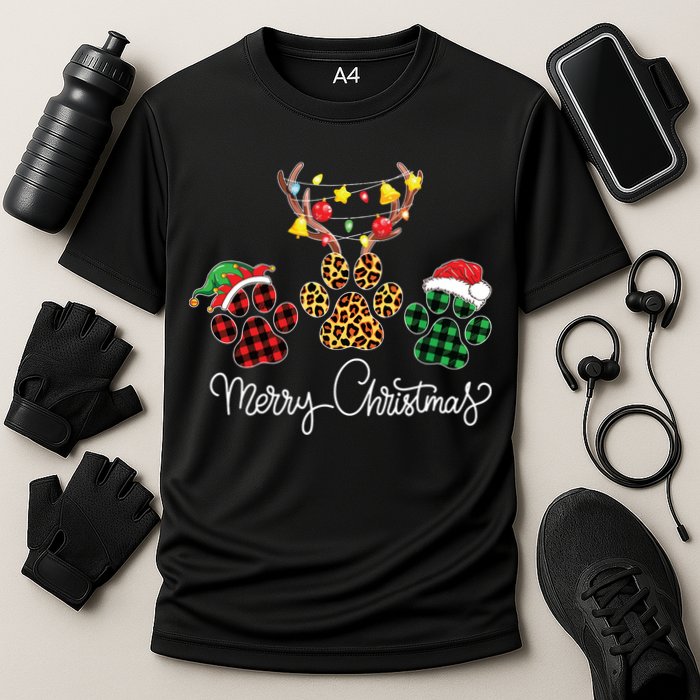 Merry Christmas Dog Paws Lights Buffalo Plaid Leopard Xmas Cooling Performance Crew T-Shirt