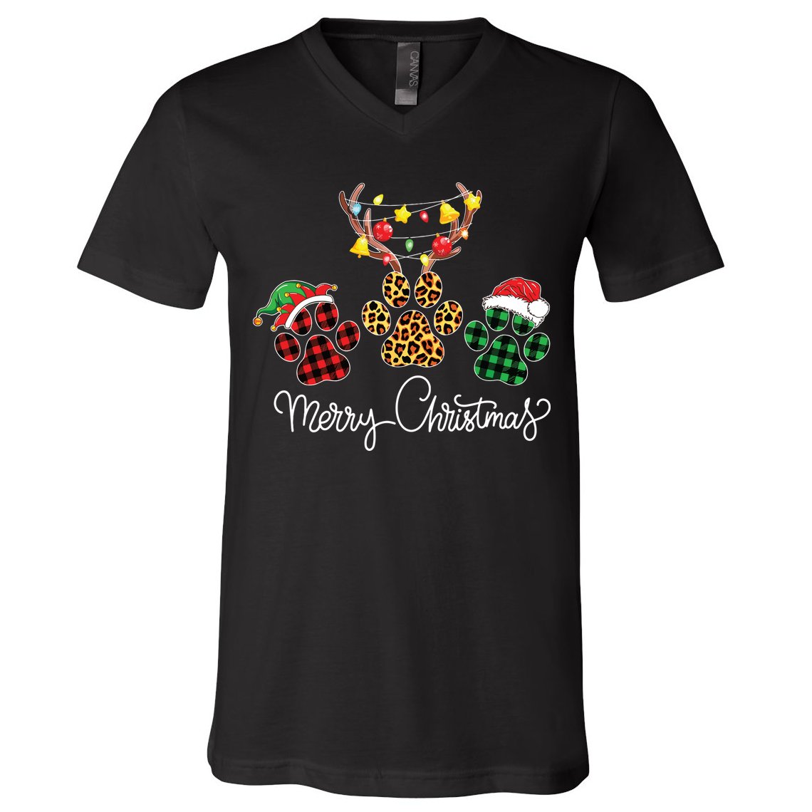 Merry Christmas Dog Paws Lights Buffalo Plaid Leopard Xmas V-Neck T-Shirt