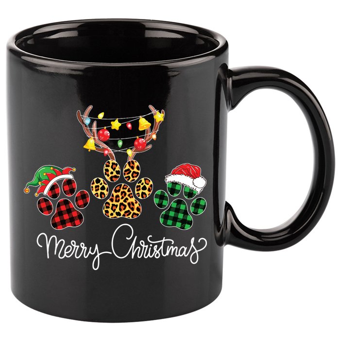 Merry Christmas Dog Paws Lights Buffalo Plaid Leopard Xmas 11oz C Handle Ceramic Mug