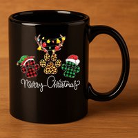 Merry Christmas Dog Paws Lights Buffalo Plaid Leopard Xmas 11oz C Handle Ceramic Mug