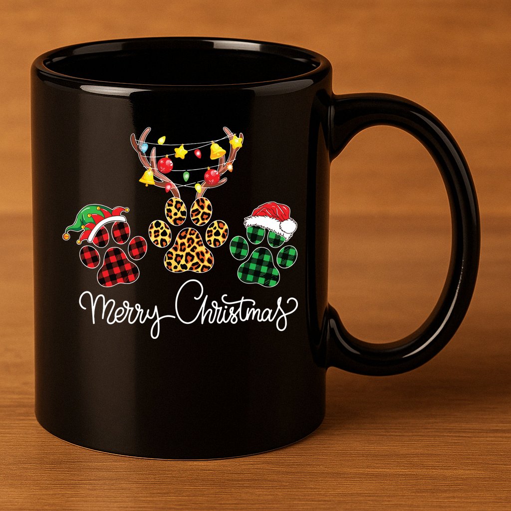 Merry Christmas Dog Paws Lights Buffalo Plaid Leopard Xmas 11oz C Handle Ceramic Mug
