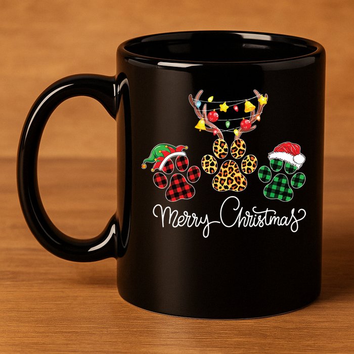 Merry Christmas Dog Paws Lights Buffalo Plaid Leopard Xmas 11oz C Handle Ceramic Mug