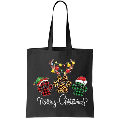 Merry Christmas Dog Paws Lights Buffalo Plaid Leopard Xmas Bag