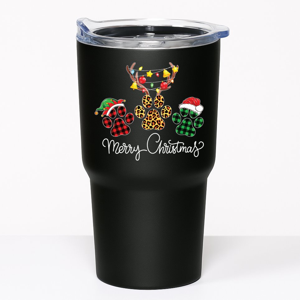 Merry Christmas Dog Paws Lights Buffalo Plaid Leopard Xmas Tumbler