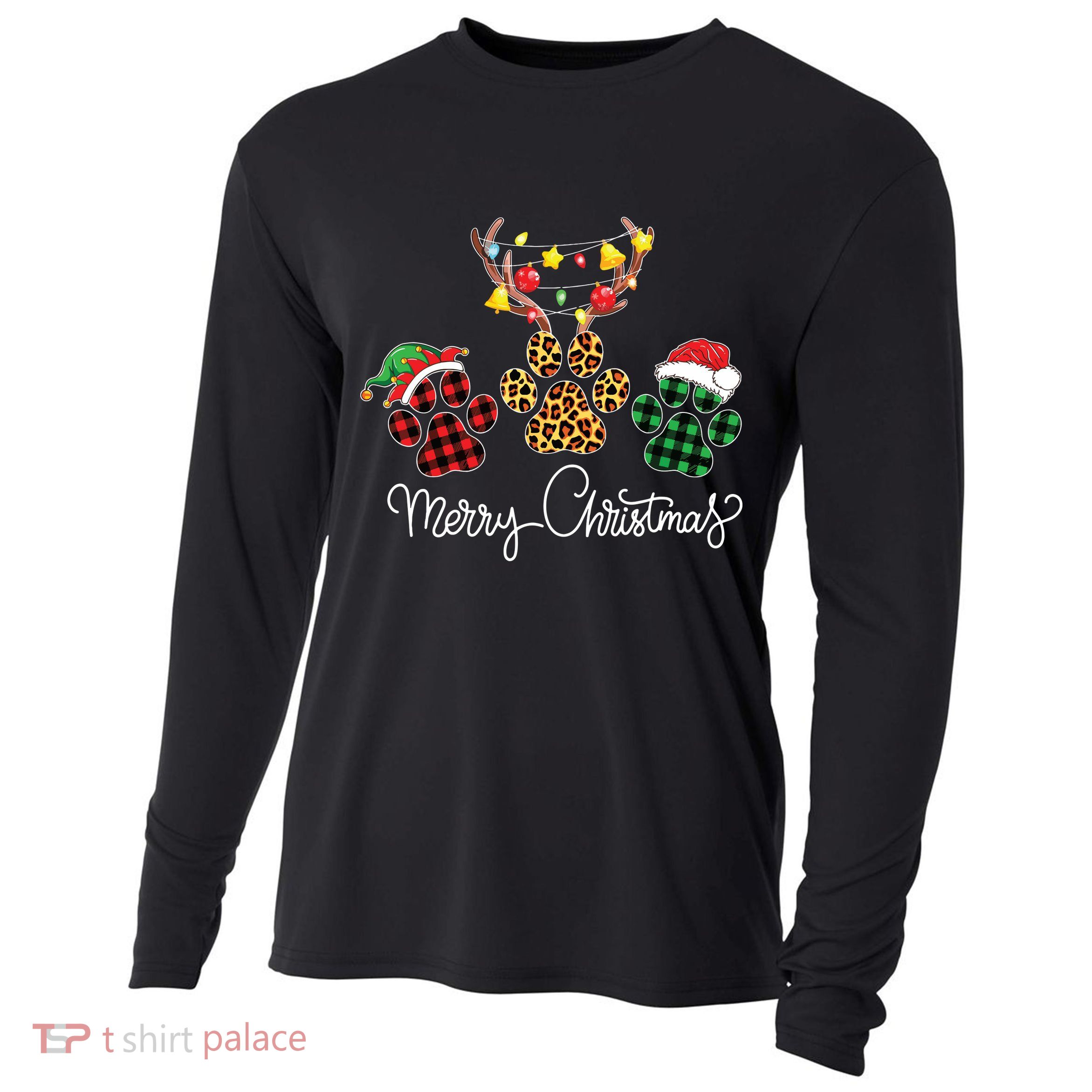 Merry Christmas Dog Paws Lights Buffalo Plaid Leopard Xmas Cooling Performance Long Sleeve Crew