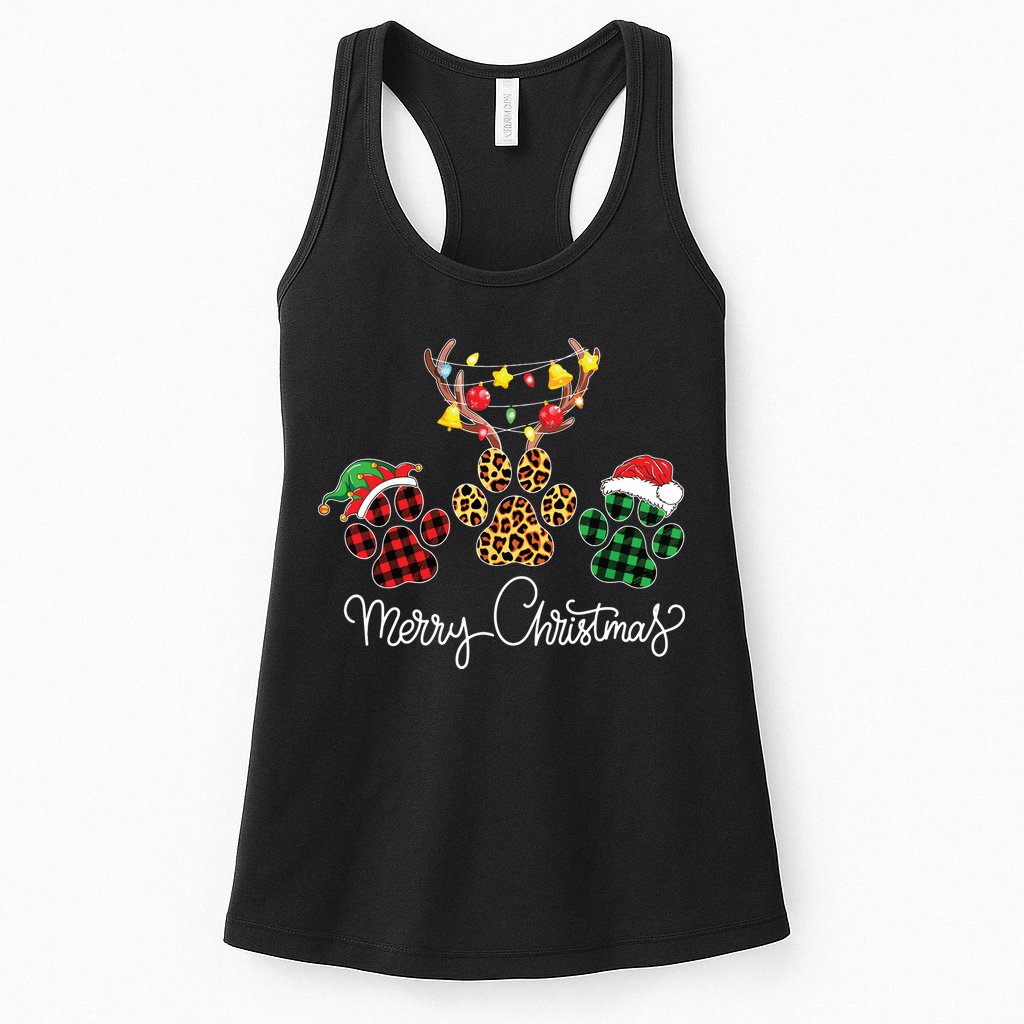 Merry Christmas Dog Paws Lights Buffalo Plaid Leopard Xmas Womens Tank Top