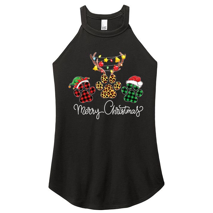 Merry Christmas Dog Paws Lights Buffalo Plaid Leopard Xmas Women's Perfect Tri Rocker Tank