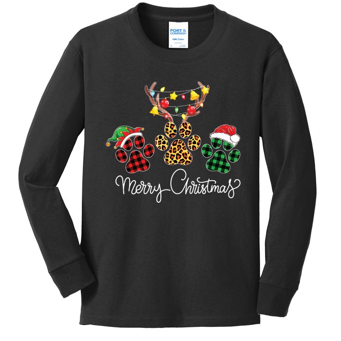 Merry Christmas Dog Paws Lights Buffalo Plaid Leopard Xmas Kids Long Sleeve Shirt