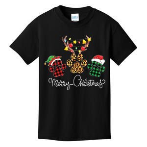 Merry Christmas Dog Paws Lights Buffalo Plaid Leopard Xmas Kids T-Shirt