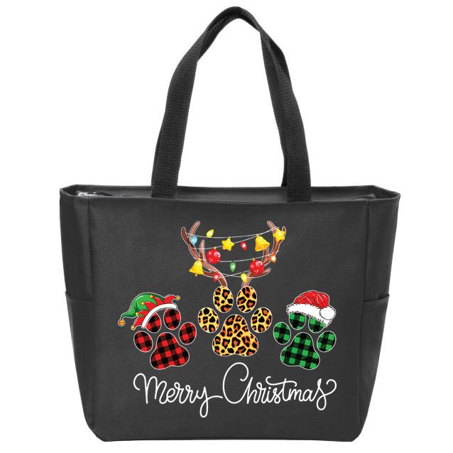 Merry Christmas Dog Paws Lights Buffalo Plaid Leopard Xmas Zip Tote Bag