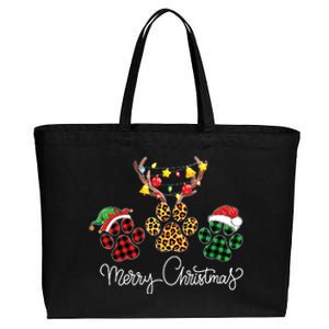 Merry Christmas Dog Paws Lights Buffalo Plaid Leopard Xmas Cotton Canvas Jumbo Tote