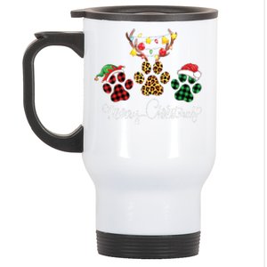 Merry Christmas Dog Paws Lights Buffalo Plaid Leopard Xmas Stainless Steel Travel Mug