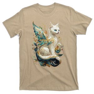 Majestic Cat Dragon Fairy White And Teal With Gold Accents T-Shirt