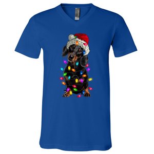 Merry Christmas Dachshund Santa Hat Lights Xmas Dog Lovers Gift V-Neck T-Shirt