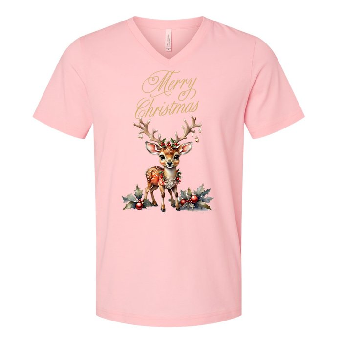 Merry Christmas Deer V-Neck T-Shirt