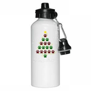 Merry Christmas Dog Cat Paw Print Tree Xmas Lover Pajamas Funny Gift Aluminum Water Bottle