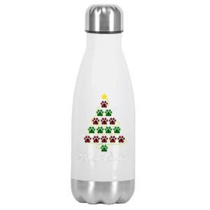 Merry Christmas Dog Cat Paw Print Tree Xmas Lover Pajamas Funny Gift Stainless Steel Insulated Water Bottle