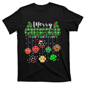 Merry Christmas Dog Paw Print Buffalo Plaid Green Funny Xmas T-Shirt