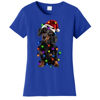 Merry Christmas Dachshund Santa Hat Lights Funny Xmas Gift Women's T-Shirt