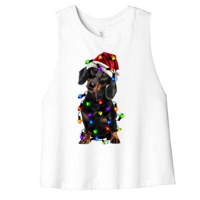 Merry Christmas Dachshund Santa Hat Lights Funny Xmas Gift Women's Racerback Cropped Tank