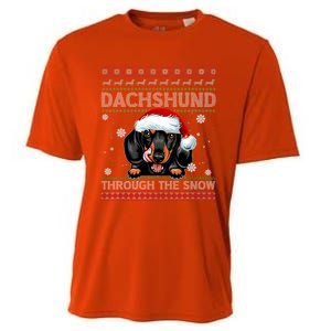 Merry Christmas Dachshund Dog Through The Snow Funny Pajama Gift Cooling Performance Crew T-Shirt