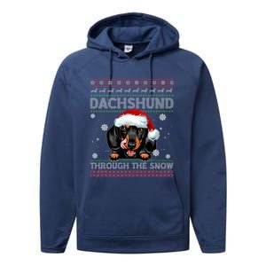 Merry Christmas Dachshund Dog Through The Snow Funny Pajama Gift Performance Fleece Hoodie