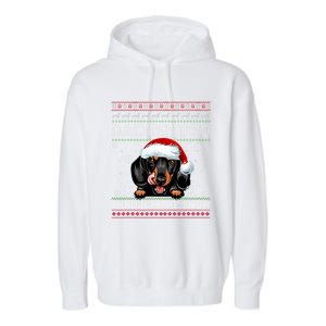 Merry Christmas Dachshund Dog Through The Snow Funny Pajama Gift Garment-Dyed Fleece Hoodie