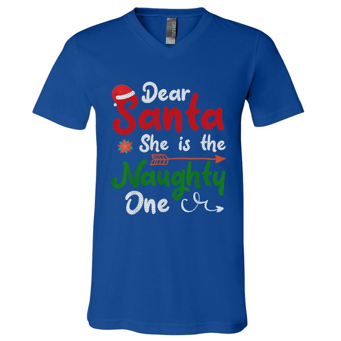 Merry Christmas Dear Santa She Is Naughty One Xmas Hat Vibes Gift V-Neck T-Shirt