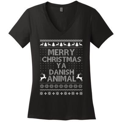 Merry Christmas Danish Christmas Denmark Animal Family Xmas Women's V-Neck T-Shirt
